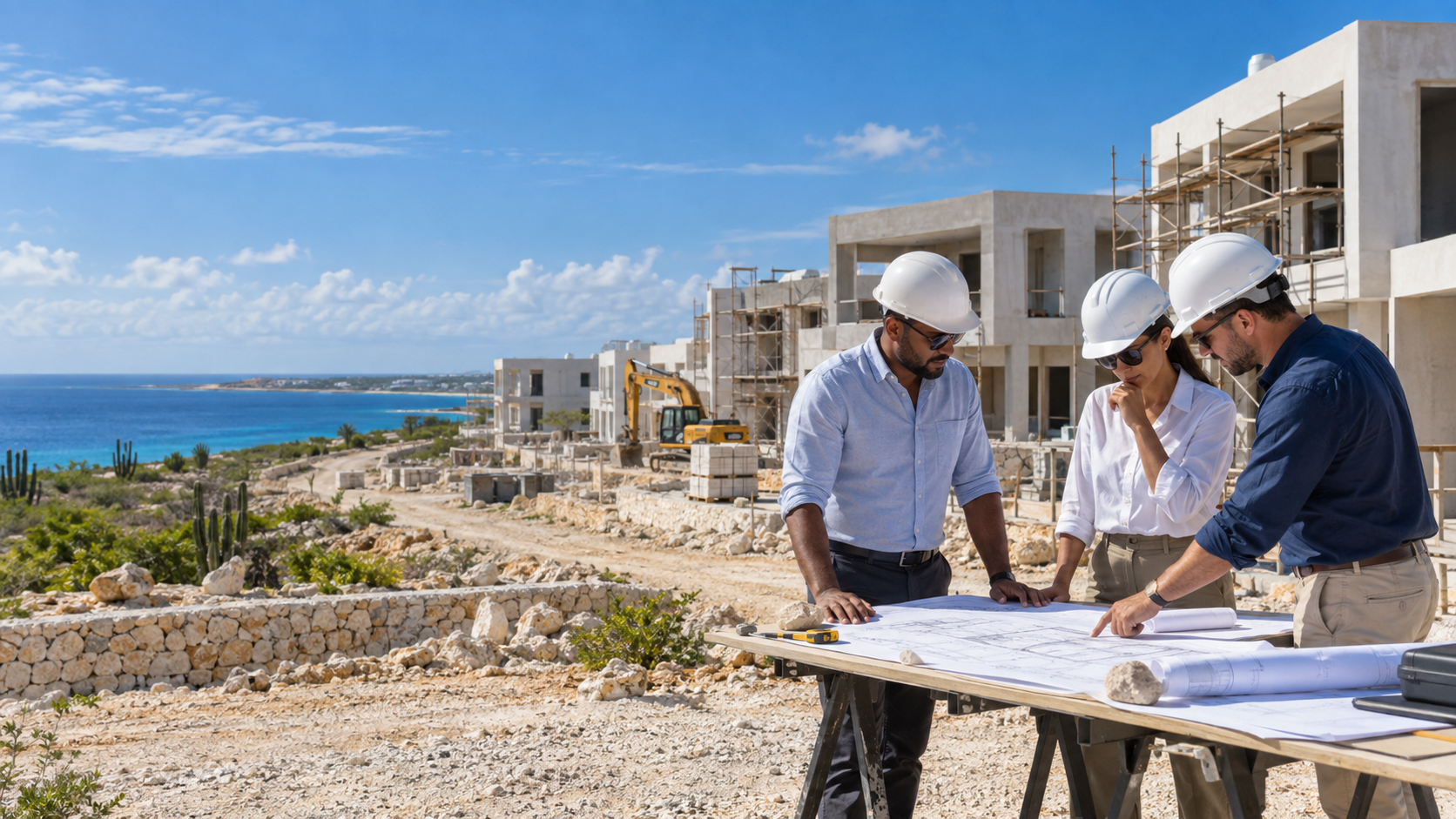 Illustratief sfeerbeeld van een projectteam dat bouwplannen bespreekt op een Caribische bouwlocatie