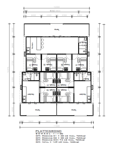 Plattegrond van de drie woningen