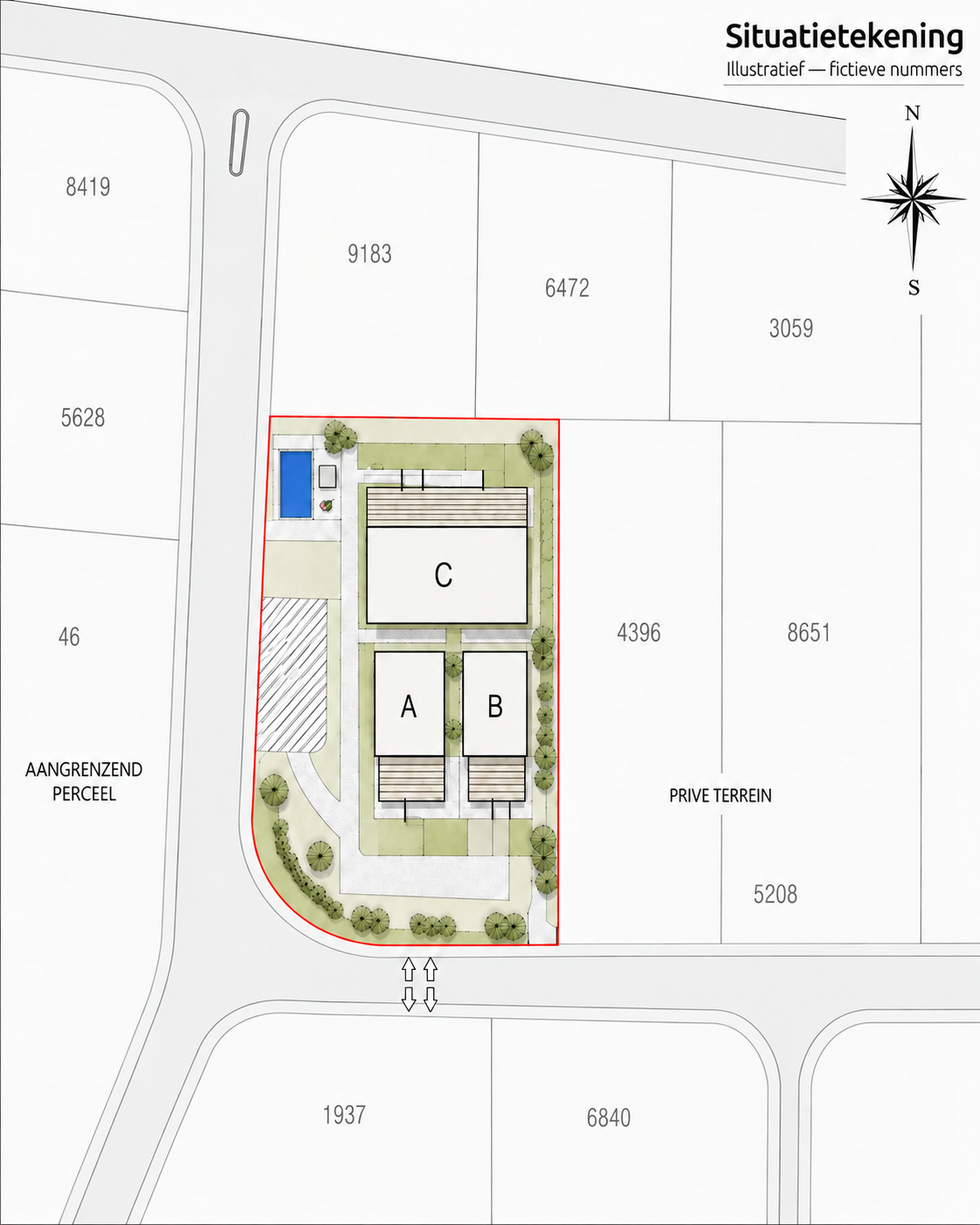 Ontwerp voor de terreinindeling met drie woningen en zwembad