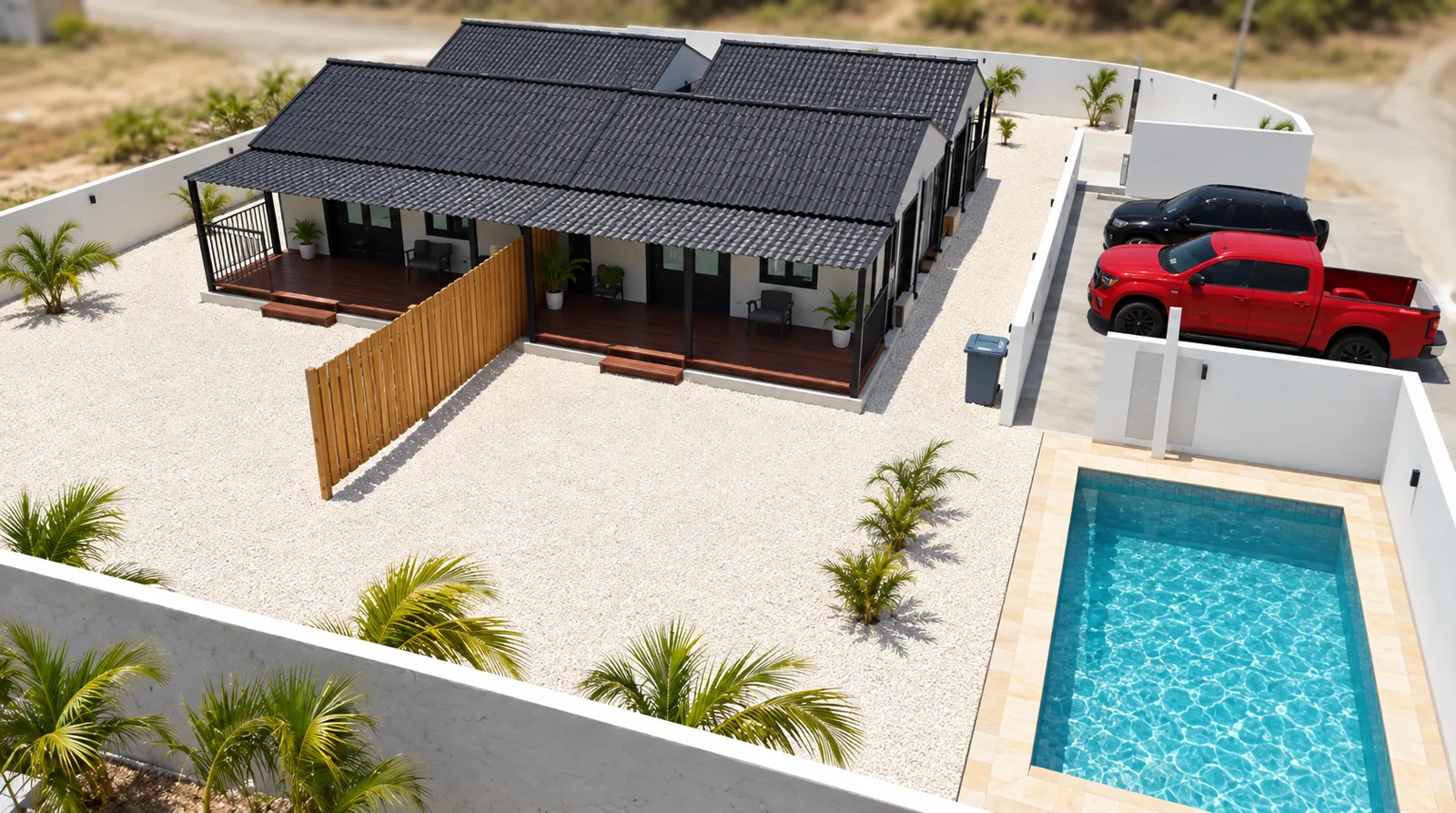 Toekomstimpressie van het prefab woonproject met zwembad