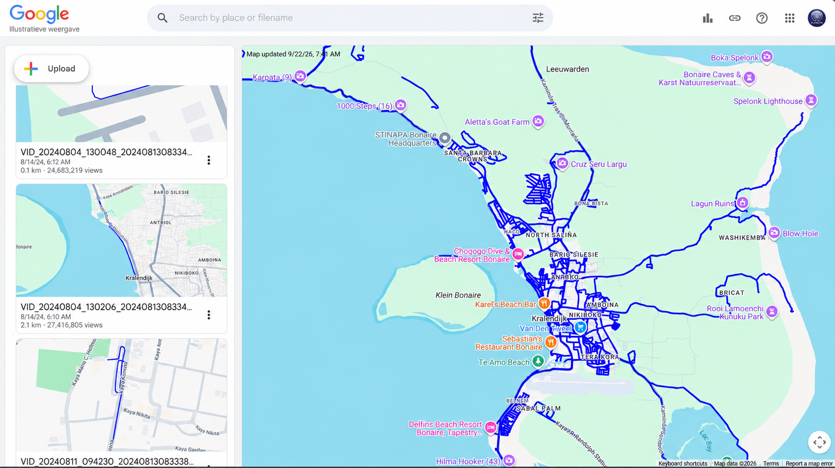 Selectie van opgenomen routes rond Kralendijk en op Bonaire, weergegeven als blauwe lijnen op een kaart