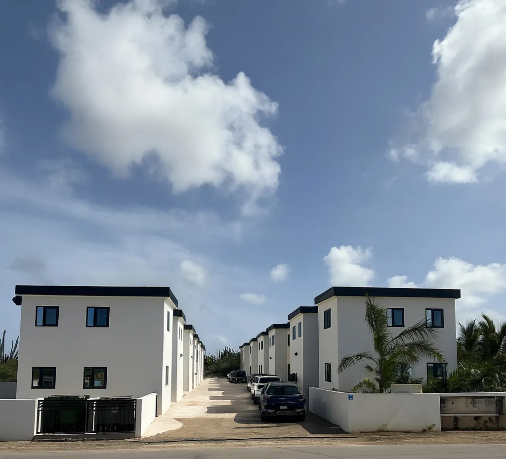 Vooraanzicht van de twee voltooide rijen woningen met de toegangsweg ertussen