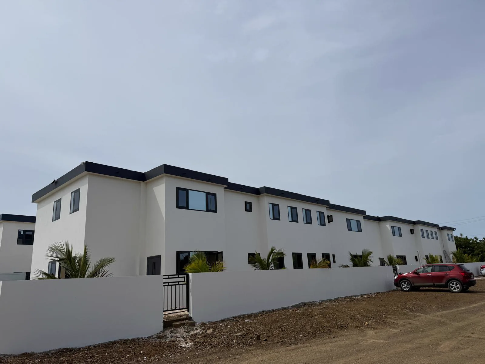 Gerealiseerde woningen op Bonaire met lichte gevels, donkere kozijnen en palmen