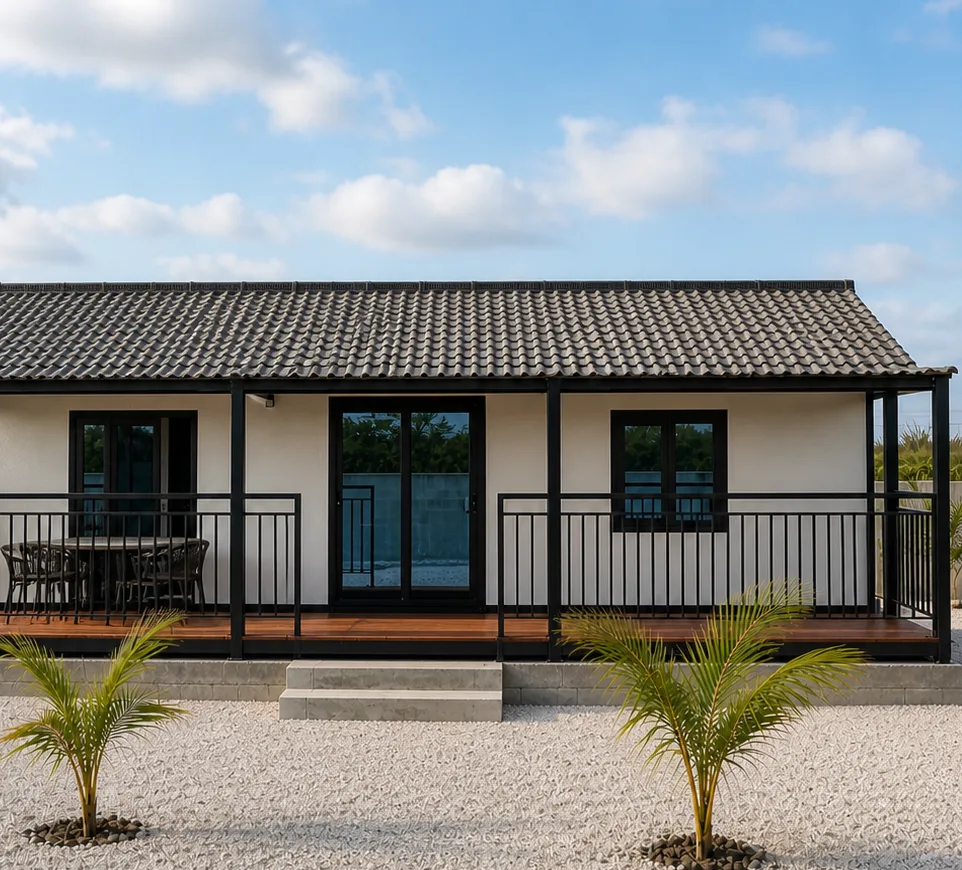 Gerealiseerde prefab woning met overdekte porch op Bonaire